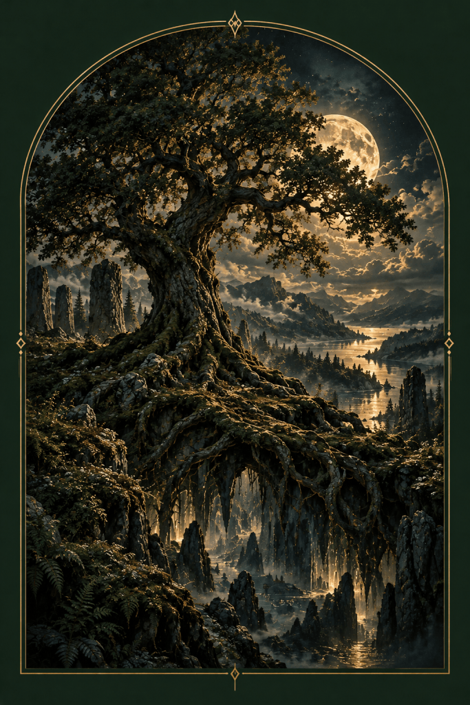 Ancient tree above a moonlit fantasy landscape
